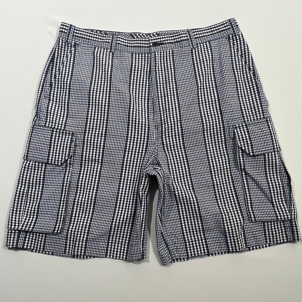 Daniel Cremieux Mens Cargo Shorts 38 Blue White Gingham Plaid Cotton Preppy Golf